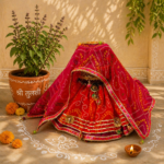 Handcrafted Red Bandhani Tulsi Poshak with Gold Medallion, Mirror Work Border & Ghungroo Accents – Tulsi Vrindavan Dress - Image 3