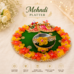 Handcrafted Traditional Mehndi Platter Set with Red & Green Chhatri Canopy Embroidery & Mehndi Sticks - Image 2