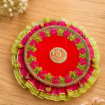 Handcrafted Multi-Colour Flower Frill Puja Thali Set of 3 – Red, Orange & Pink with Gold Frill & Bell Ornaments