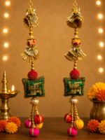 Handcrafted Shubh-Labh Traditional Door Side Hanging Toran with Gold Fan Tassels & Mirror Work Balls - Image 4