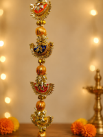 Handcrafted Traditional Gold Door Side Toran (Latkans) with Multi-Tiered Shell Elements & Colourful Ball Accents - Image 4