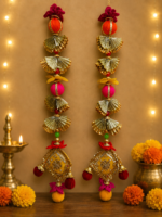 Handcrafted Traditional Gold-Colourful Door Side Toran with Pleated Fan Tiers & Colourful Ball Accents - Image 4