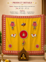 Handcrafted Traditional Mandir Backdrop with Ganesha Motif, Cow Emblems & Swastik Symbols – Yellow & Red - Image 3