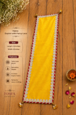 Handcrafted Multi-Colour Runner Pooja Aasan Set with Silver Floral Lace Border & Gold Corner Tassels – Yellow, Red & Pink - Image 3