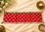 Handcrafted Multi-Colour Diamond Pattern Runner Pooja Aasan Set with Gold Crisscross Gota & Silver Lace Border - Image 4
