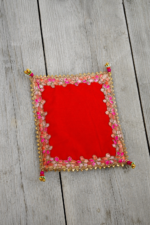 Handcrafted Multi-Colour Small Runner Pooja Aasan Set with Floral Bead Work Border & Gold Corner Tassels - Image 4