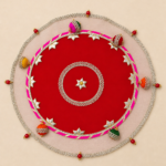 Handcrafted Red-Yellow Circular Pooja Thali Cover with Silver Star Motifs, Bell Tassels & Gold Star Medallion