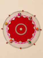 Handcrafted Red-Yellow Circular Pooja Thali Cover with Silver Star Motifs, Bell Tassels & Gold Star Medallion