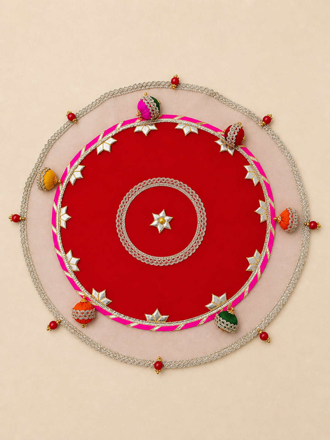 4 Handcrafted Red-Yellow Circular Pooja Thali Cover with Silver Star Motifs, Bell Tassels & Gold Star Medallion - Image 1