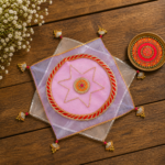 Handcrafted Star-Shaped Pooja Thali Cover with Gold Rosette Medallion & Pleated Fan Corner Tassels - Image 4