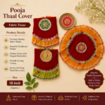 Handcrafted Red Silk Pooja Thali Cover with Gold Flower Medallion, Mirror Work Border & Yellow/Green Pleated Frills - Image 4