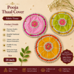 Handcrafted Yellow-Orange Circular Pooja Thaal Cover with Silver Scalloped Floral Lace Border & Gold Centre Medallion - Image 4