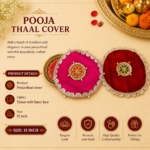 Handcrafted Red Silk Pooja Thaal Cover with Silver Pearl Mirror Work Border & Bell Tassel Accents - Image 4