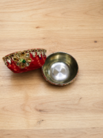 Handcrafted Red Bandhani Puja Thali with Multi-Colour Centre Medallion, Silver Beaded Border & Bell Tassels - Image 5