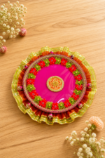 Handcrafted Multi-Colour Flower Frill Puja Thali Set of 3 – Red, Orange & Pink with Gold Frill & Bell Ornaments - Image 4