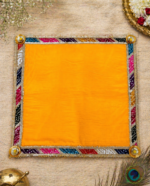 Handcrafted Red Bandhani Patchwork Pooja Aasan with Gold Rosette Corners & Multi-Colour Border - Image 4