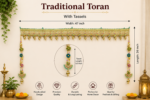 Handcrafted Traditional Green-Gold Embroidered Toran with Pearl Ghungroos & Crescent Moon Side Latkans - Image 4
