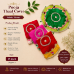 Handcrafted Red-Yellow Circular Pooja Thali Cover with Silver Star Motifs, Bell Tassels & Gold Star Medallion - Image 6