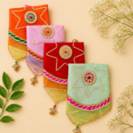 Handcrafted Star-Shaped Pooja Thali Cover with Gold Rosette Medallion & Pleated Fan Corner Tassels - Image 5