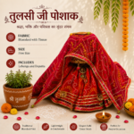 Handcrafted Red Bandhani Tulsi Poshak with Gold Medallion, Mirror Work Border & Ghungroo Accents – Tulsi Vrindavan Dress - Image 5