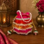 Designer Frill Potli Bag for Women – Dupion Silk Ethnic Party Bag with Moti Handle - Image 2