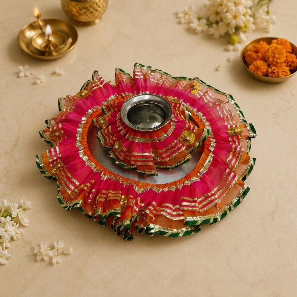 Gemini_Generated_Image_q6bajnq6bajnq6ba-Photoroom.jpg Premium Tissue Thali & Kalash Frill Set - Image 1