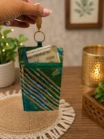 Handcrafted Green-Teal Silk Mobile Cover Pouch with Rhinestone Stripes & Fan Tassel - Image 2
