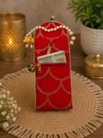 Handcrafted Red Silk Mobile Cover with Pearl Beaded Strap & Silver Embroidery - Image 4
