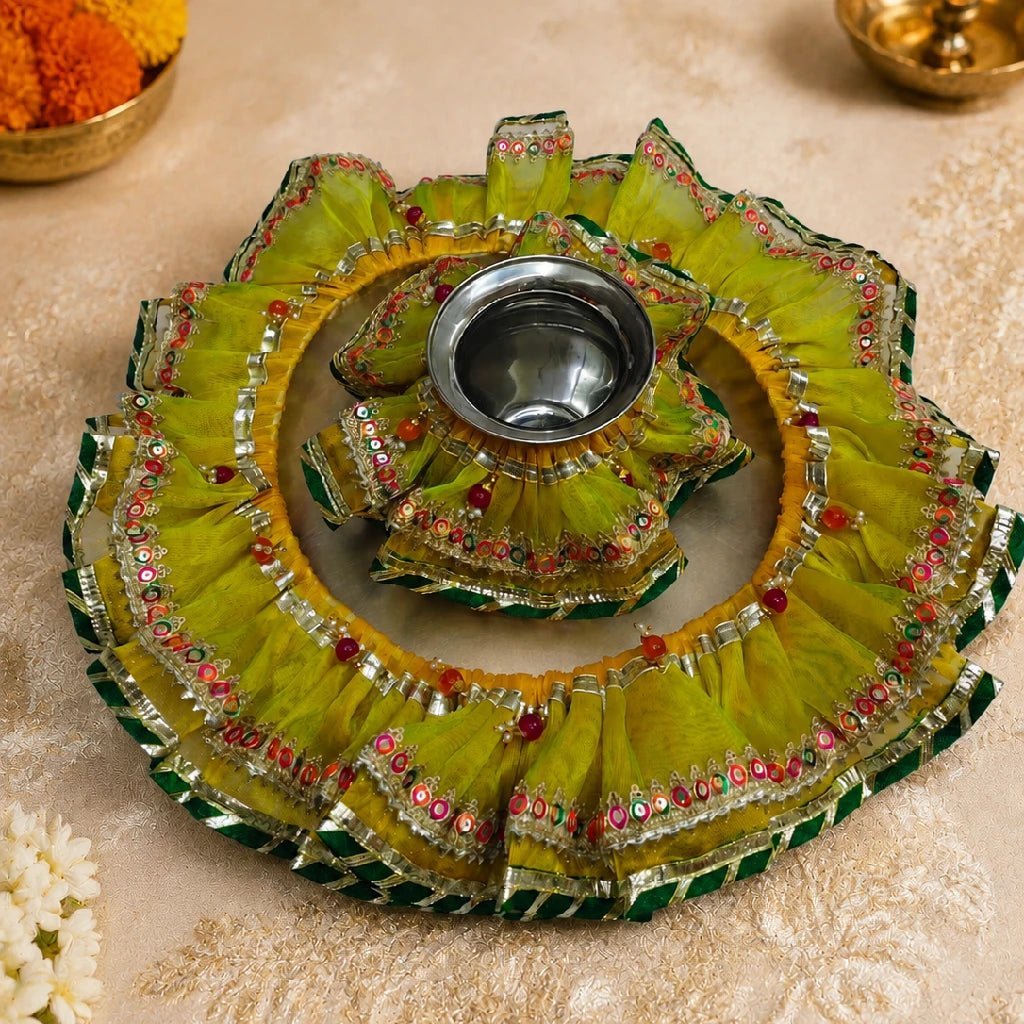 NewProject_7edad193-eef5-4dd4-bf39-65583e9c715c.jpg Green Tissue Thali & Kalash Frill Set - Image 1