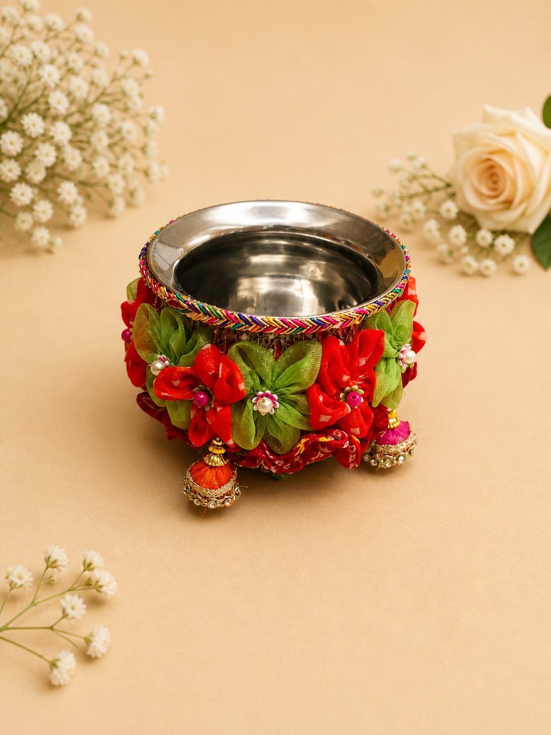 WhatsApp Image 2026-10-20 at 11.29.45 PM Red and Gold Designer Pooja Kalash with Decorative Bead Hangings - Image 1