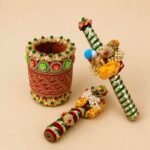 Designer Navratri Dandiya Sticks Set with Pearl Work and Holder