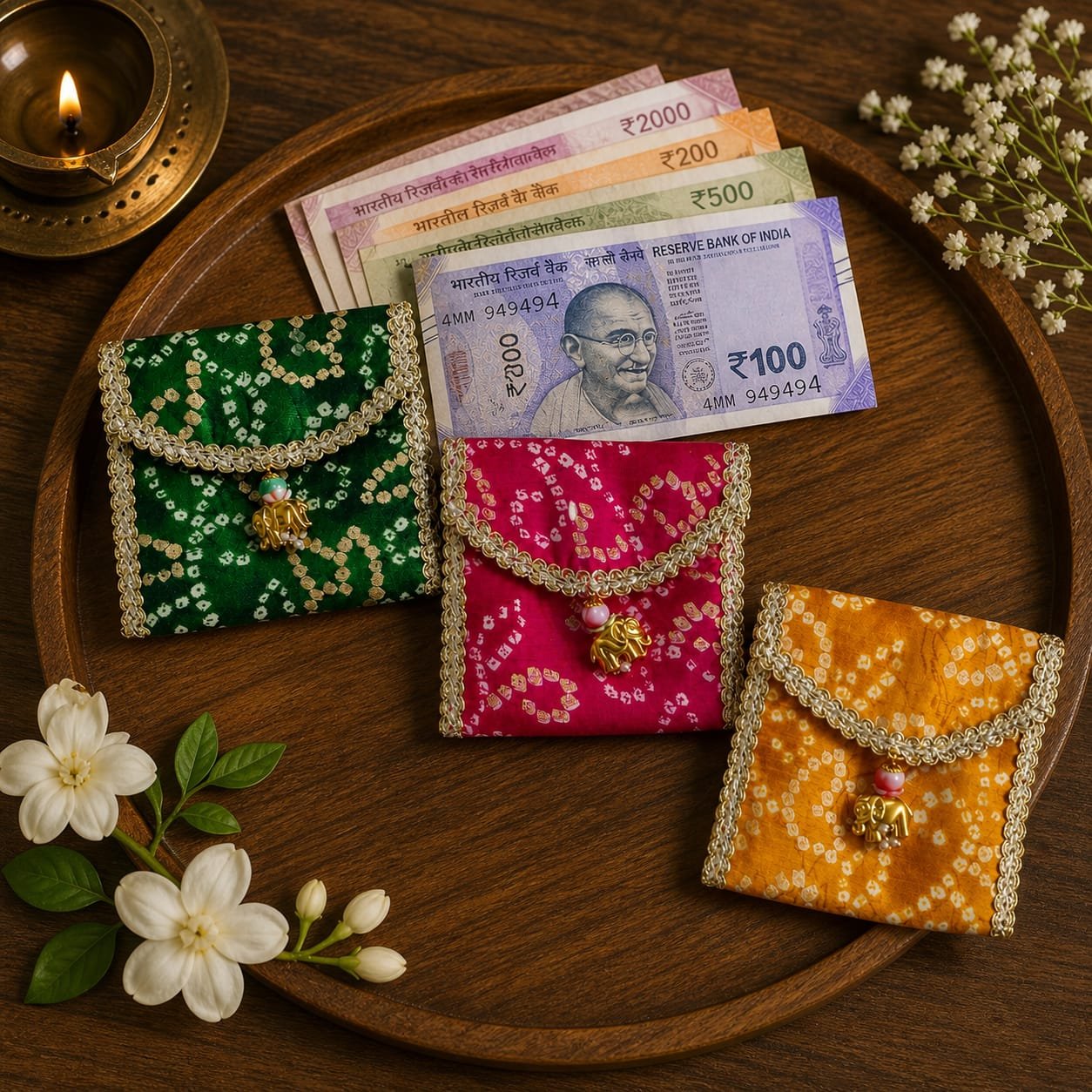 WhatsApp Image 2026-10-20 at 11.41.04 PM (2) Designer Shagun Money Pouch with Golden Lace and Latkan - Image 1