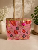 Traditional Floral Print Gift Bags with Golden Lace and Pom-Pom Charms - Image 3