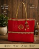 Traditional Red Silk Handbag with Golden Border and Decorative Charms