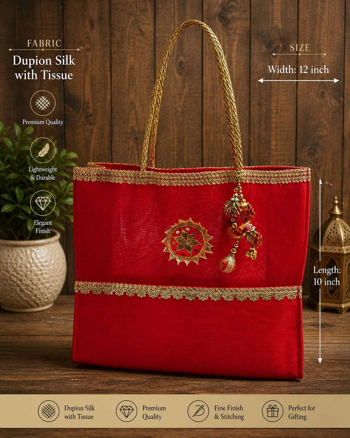 WhatsApp Image 2026-10-20 at 11.50.32 PM (2) Traditional Red Silk Handbag with Golden Border and Decorative Charms - Image 1