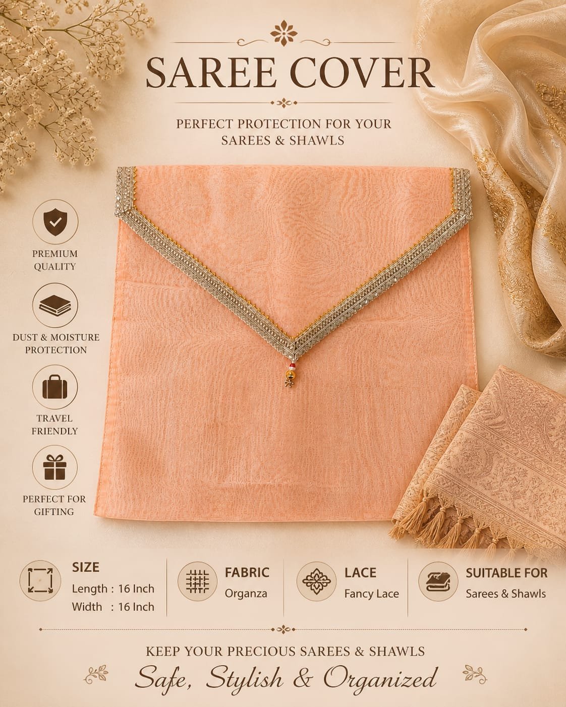 WhatsApp Image 2026-10-20 at 11.52.37 PM Premium Peach Saree Packing Cover with Decorative Golden Border - Image 1