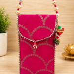 Handcrafted Red Silk Mobile Cover with Pearl Beaded Strap & Silver Embroidery
