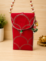 Handcrafted Red Silk Mobile Cover with Pearl Beaded Strap & Silver Embroidery - Image 2