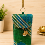 Handcrafted Green-Teal Silk Mobile Cover Pouch with Rhinestone Stripes & Fan Tassel